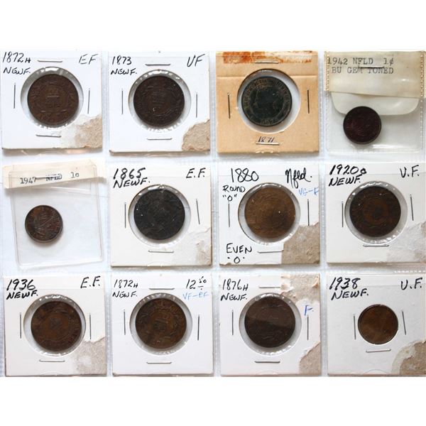 Nfld; 1865-1938 1¢ & PEI 1871 1¢, Good to AU with traces of red.  Lot of 14 pieces.