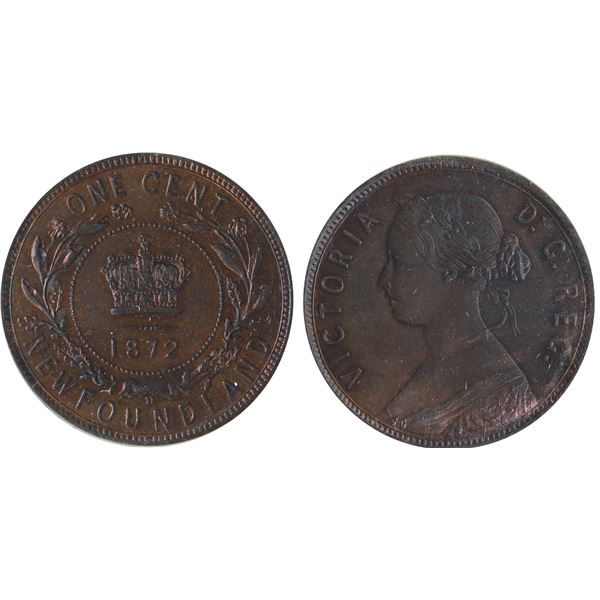 Nfld; 1872H 1¢  ICCS Choice Mint State-62 Traces of red.