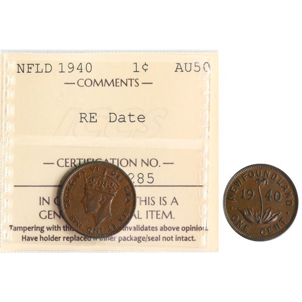 Nfld; 1940 1¢ "RE-Eng Date" ICCS About Uncirculated-50