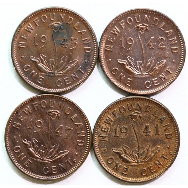 Nfld; 1941 1¢, 1942, 1943, 1947, Lot of 4 coins Unc or better with traces of Red.