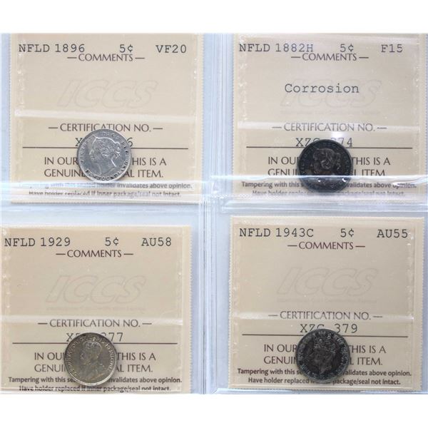 Nfld; 1882H 5¢ "corrosion" , 1896, 1929, 1943c, All 4 coins Choice Fine-15 to Choice About Uncircula