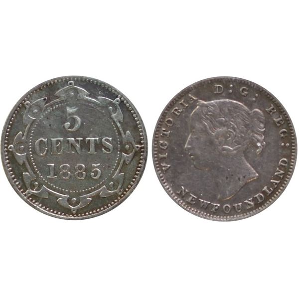 Nfld; 1885 5¢ ICCS Very Fine-20, very light corrosion.  Still a nice example.