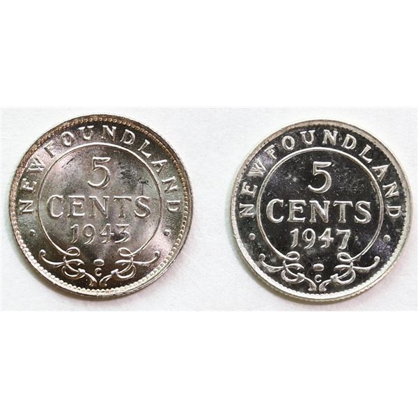 Nfld; 1943 5¢,1947c, Lot of 2 coins Unc or better.