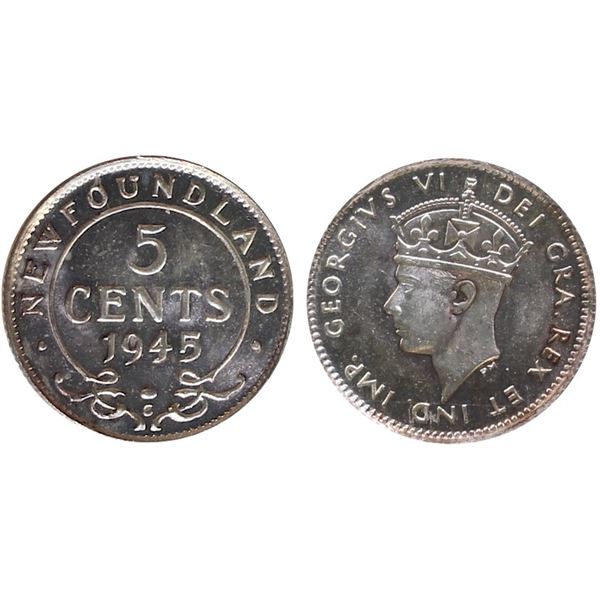 Nfld; 1945c 5¢ ICCS Gem Mint State-65 Highly lustrous and flashy!