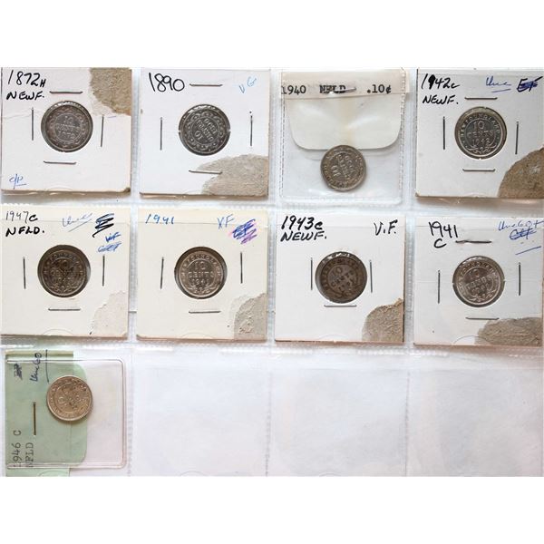 Nfld; 1872H-1947c 10¢, F to AU.  Lot of 9 coins.
