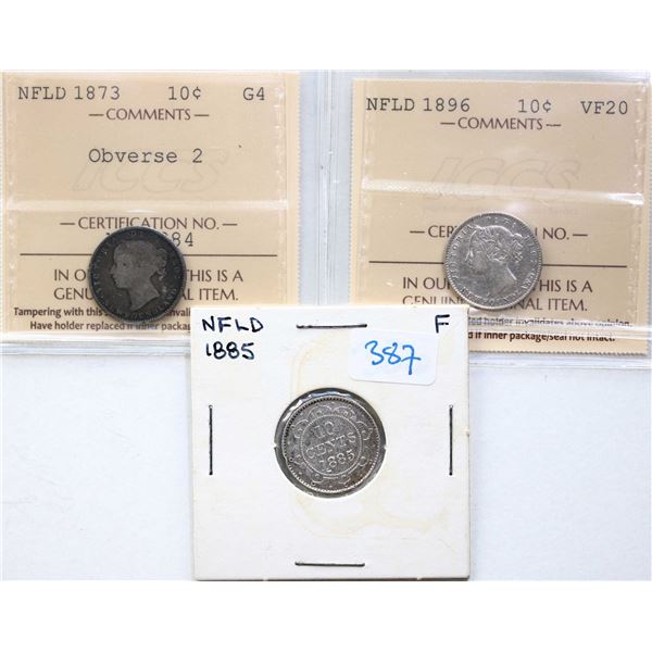 Nfld; 1873 10¢ "Obv.2", 1885, 1896, All 3 coins Good to VF.