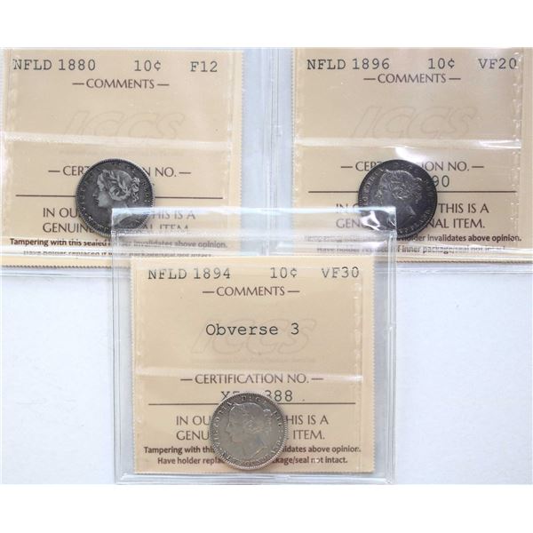 Nfld; 1880 10¢, 1894 "Obv.3", 1896, Both coins ICCS Fine-12 to Choice Very Fine-30