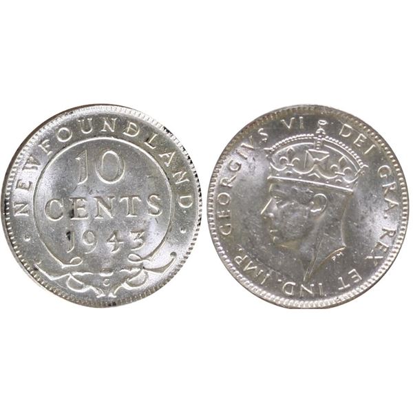 Nfld; 1943c 10¢ ICCS Choice Mint State-63 Brilliant and Fully lustrous.