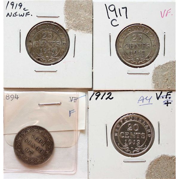 Nfld; 1894 20¢, 1912, 1917c 25¢, 1919c, VF to EF, Lot of 4 coins.