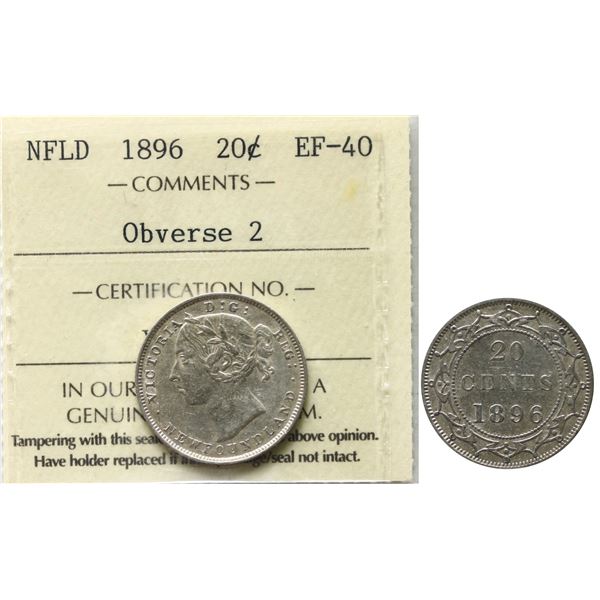 Nfld; 1896 20¢ "OBV.2" ICCS Extra Fine-40