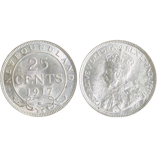 Nfld; 1917c 25¢ ICCS Choice Mint State-63 Lustrous.