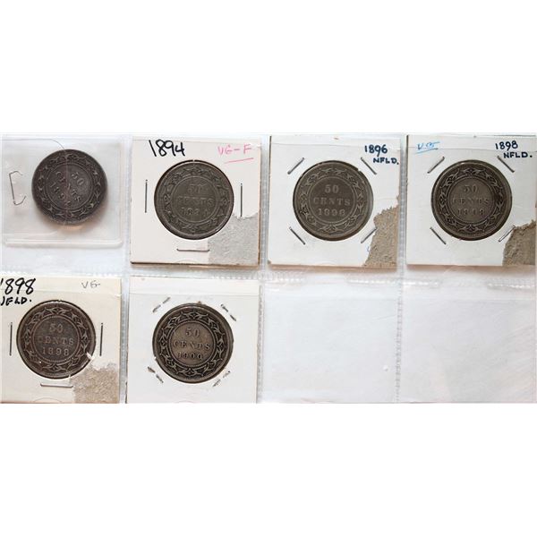 Nfld; 1894-1900 50¢ VG to VF, Lot of 6 pieces.