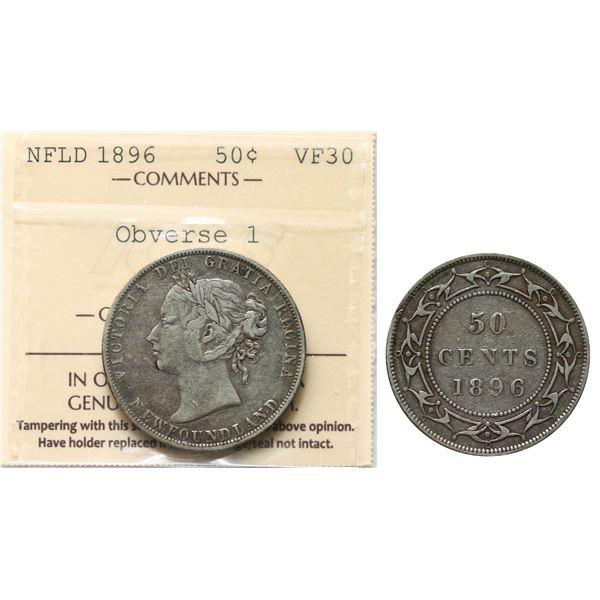 Nfld; 1896 50¢ "OBV.1" ICCS Choice Very Fine-30