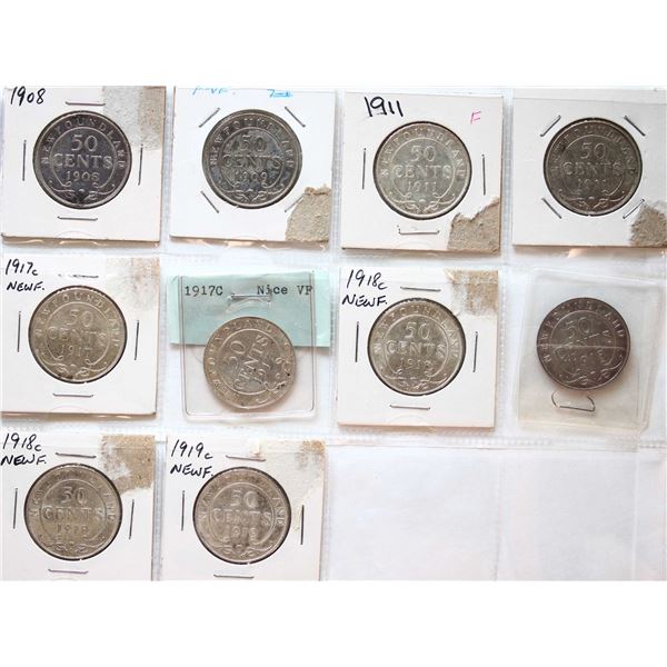 Nfld; 1908-1919 50¢ VF to EF+, Lot of 10 pieces.