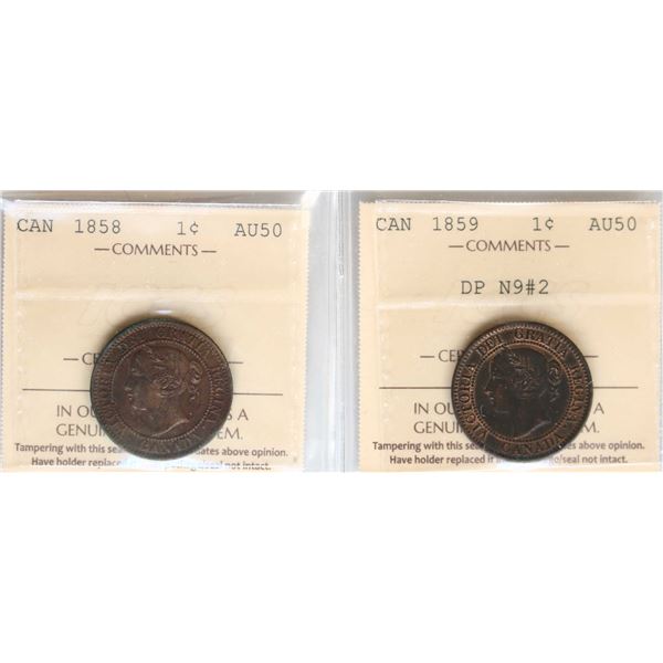 1858 1¢, 1859 DP N9#2, Both coins ICCS About Uncirculated-50 with traces of Red lustre.