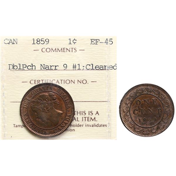 1859 1¢ "DP N9 #1" ICCS Choice Extra Fine-45 Traces of red with remaining lustre.  Lightly cleaned. 