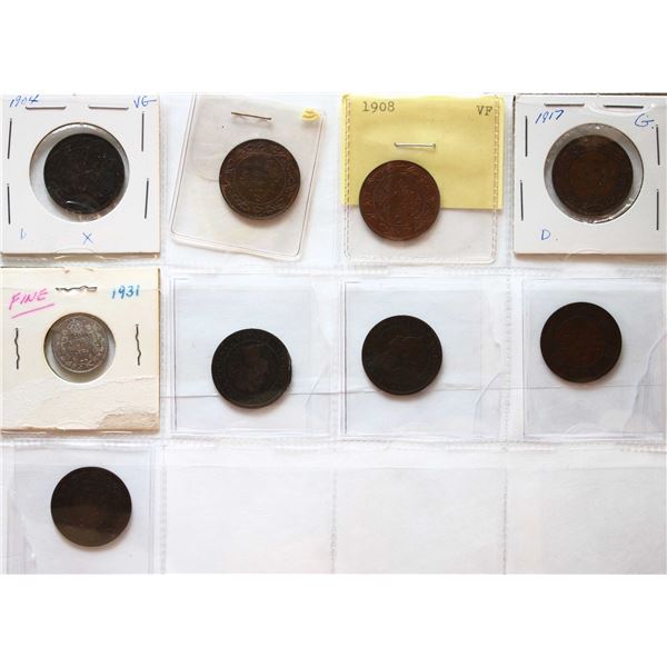 1859-1918 1¢ & 1931 10¢, Good to Vf, lot of 9 coins.