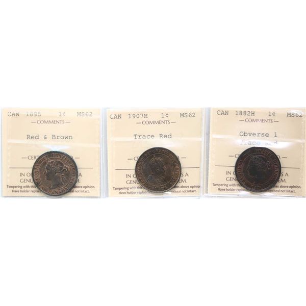 1882H 1¢ "Obv. 1", 1895, 1907H, All 3 coins ICCS Choice Mint State-62