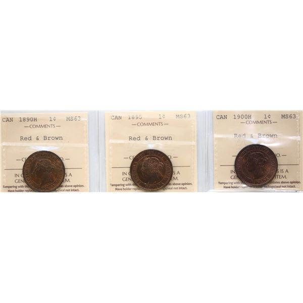 1890H 1¢, 1895, 1900H, All 3 coins ICCS Choice Mint State-63 RB.