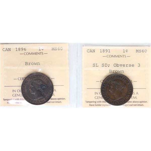 1891 1¢ "SLSD" Obv. 3, 1896, both coins ICCS Mint State-60