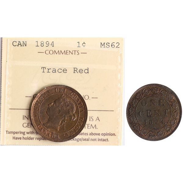 1894 1¢ "Thin 4" ICCS Choice Mint State-62, A nice lustrous example.