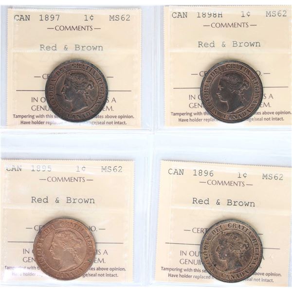 1895 1¢, 1896, 1897, 1898H, All 4 coins ICCS Choice Mint State-62 RB