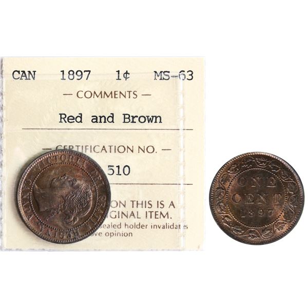 1897 1¢ ICCS Choice Mint State-63, A nice lustrous example.