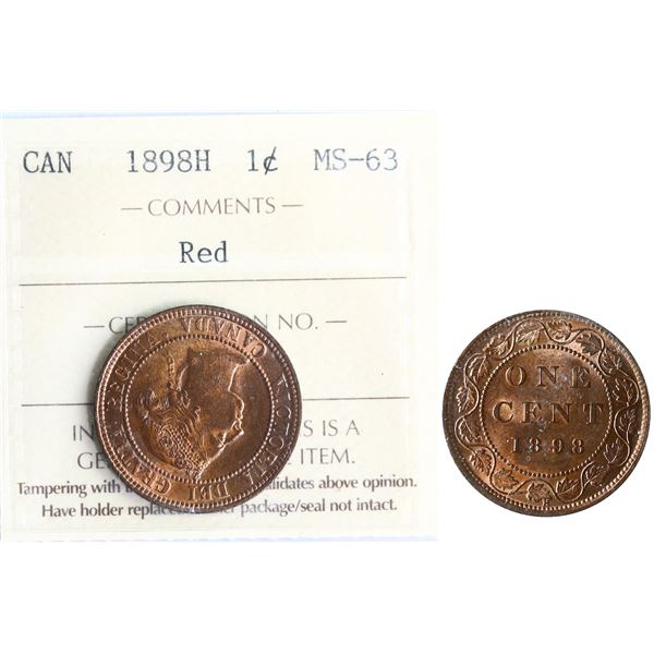 1898H 1¢ ICCS Choice Mint State-63 Red, A nice example.