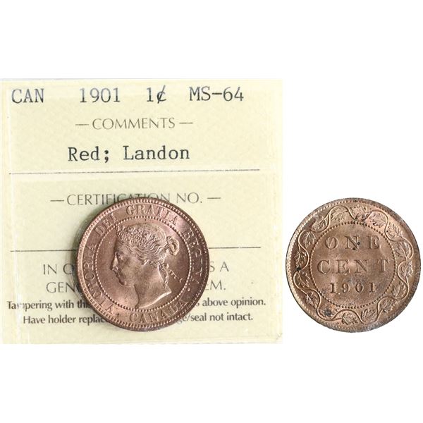 1901 1¢ ICCS Very Choice Mint State-64, 95% red lustre.  Ex. Landon example.