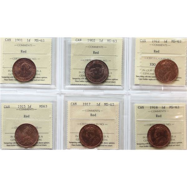 1901 1¢, 1902, 1912, 1915, 1917, 1918.  All 6 coins ICCS Choice Mint State-63.  A nice lot.