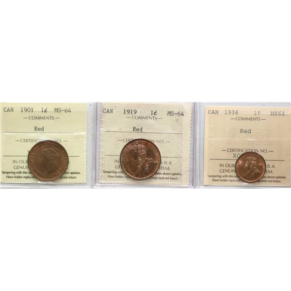 1901 1¢, 1919, 1936, All 3 coins ICCS Very Choice Mint State-64 Red.