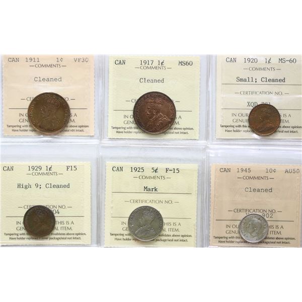 1911 1¢, 1917, 1920, 1929 "High 9", 1925 5¢, 1945 10¢ all 6 coins Choice Fine-15 to Mint State-60 wi