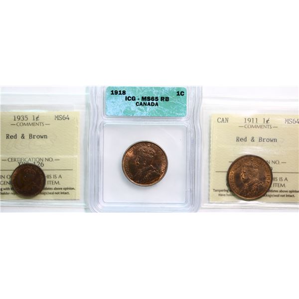1911 1¢, 1918, 1935, All 3 coins ICCS Very Choice Mint State-64 RB.