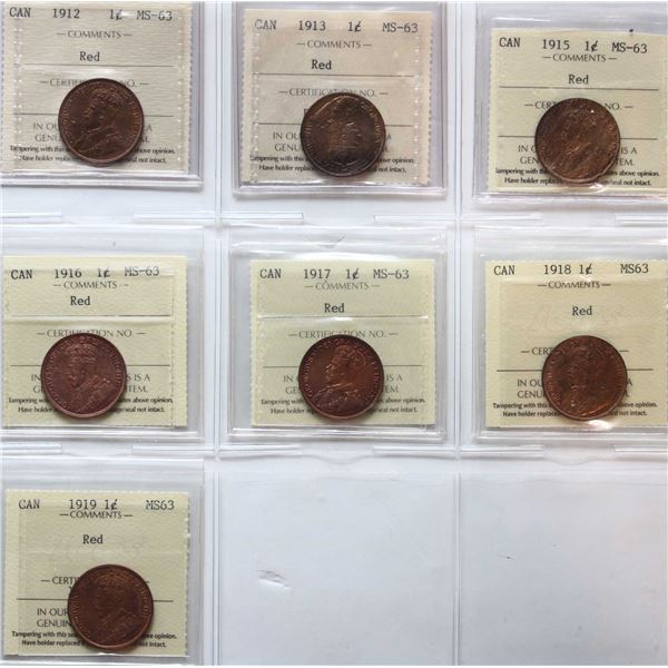 1912 1¢, 1913, 1915, 1916, 1917, 1918, 1919, All 7 coins ICCS Choice Mint State-63 Red.