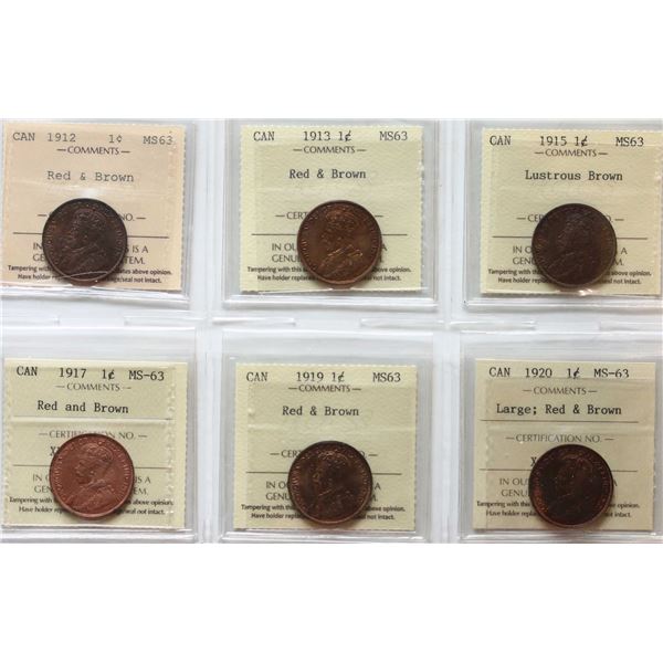 1912 1¢, 1913, 1915, 1917, 1919, 1920 "Large" All 6 coins ICCS Choice Mint State-63.