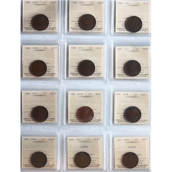 1912-1949 1¢ All 18 coins ICCS Choice Very Fine-30 to Mint State-60.  Includes 1923, 1926, 1929 "Hig