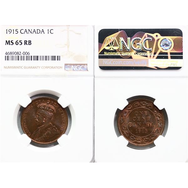 1915 1¢ NGC Gem Mint State-65 RB, A very flashy and highly lustrous example.