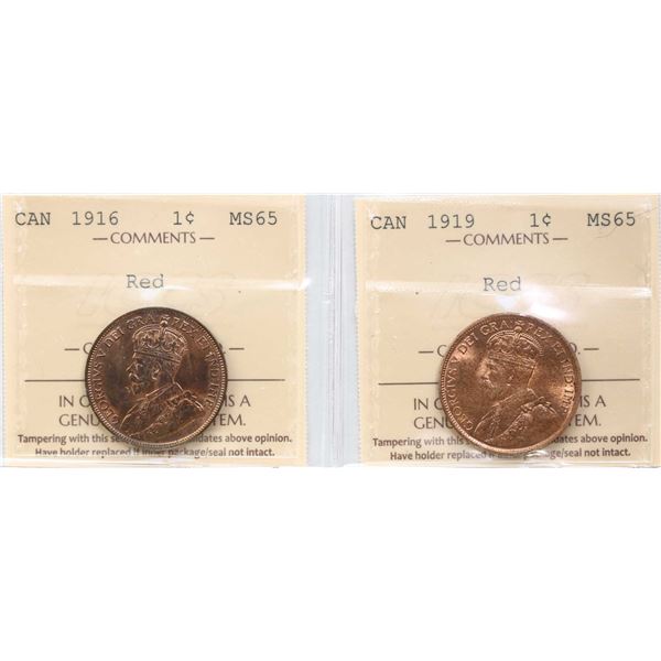 1916 1¢, 1919, Both coins ICCS Gem Mint State-65 Red