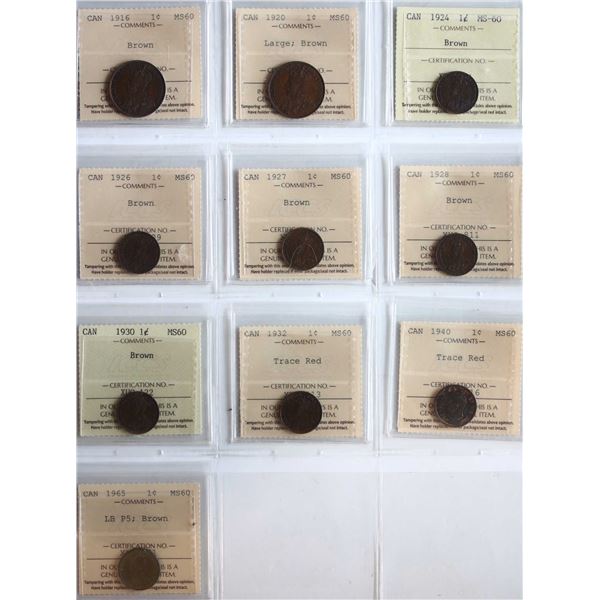 1916 1¢, 1920 "Large", 1924, 1926, 1927, 1928, 1930, 1932, 1940, 1965 "Type IV"  All 10 coins ICCS M