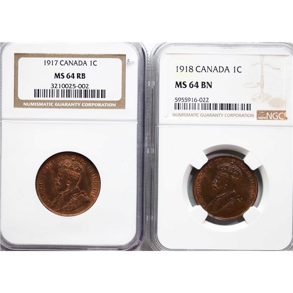1917 1¢, 1918 Both coins NGC Very Choice Mint State-64 RB, Two attractive lustrous examples.