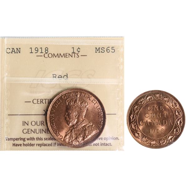 1918 1¢ ICCS Gem Mint State-65 Red 80% Red  lustre.