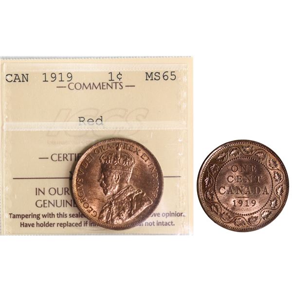 1919 1¢ ICCS Gem Mint State-65 Red 75% Red  lustre.
