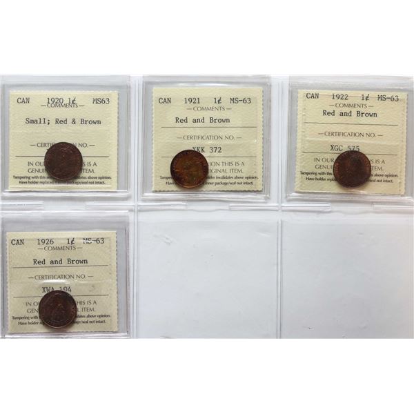 1920 1¢ "Small", 1921, 1922, 1926  All 4 coins ICCS Choice Mint State-63.  A nice lot.