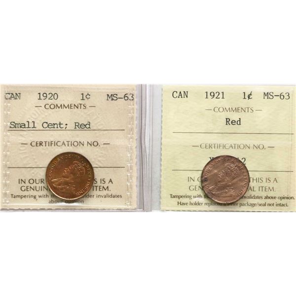 1920 1¢, 1921,  Both coins ICCS Choice Mint State-63 Red.  Lot of two very nice coins.