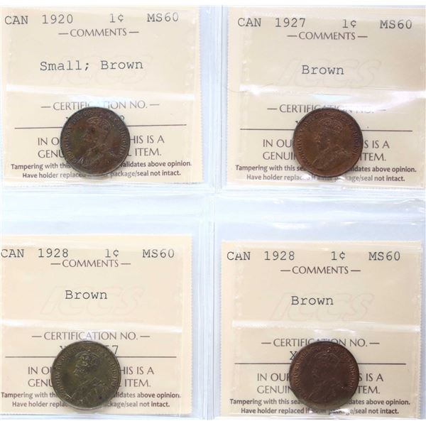 1920 1¢, 1927, 1928 (2), All 4 coins ICCS Mint State-60.