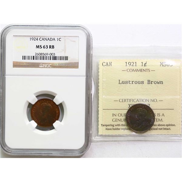 1921 1¢, 1924, Both coins ICCS Choice Mint State-63 and with superb eye appeal.