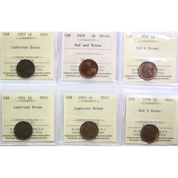 1927 1¢, 1928, 1930, 1931, 1933, 1936, All 6 coins ICCS Choice Mint State-63.