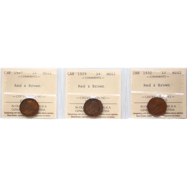 1927 1¢, 1929, 1932, All 3 coins ICCS Choice Mint State-62 RB