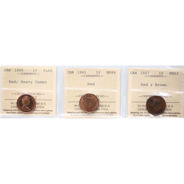 1927 1¢, 1941, 1969, All 3 coins ICCS Choice Mint State-63 to Superb Gem Proof-Like-66.