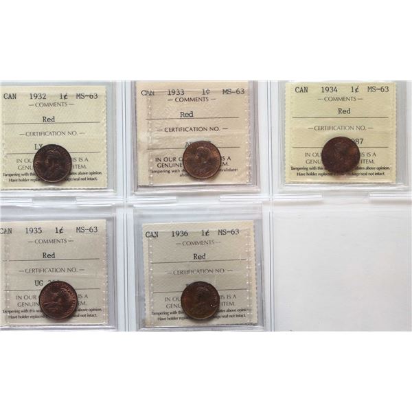 1932 1¢, 1933, 1934, 1935, 1936  All 5 coins ICCS Choice Mint State-63 Red.